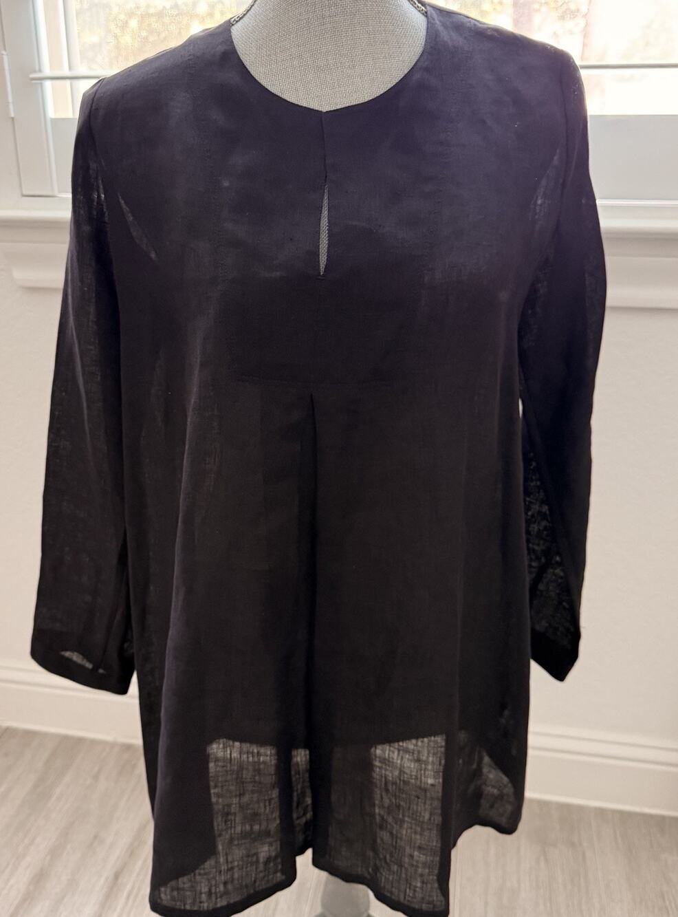 Ann Mashburn Black 100% Linen Pullover Blouse Size Small Tunic Shirt 3/4 Sleeve